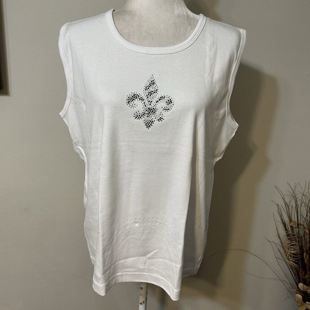 Vtg Beckyanne Women White Tank Top Studded Black Silver Size L Round Neck EUC